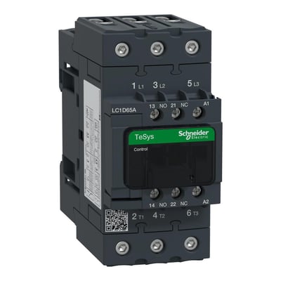 Schneider Electric TeSys D kontaktor med 65A strøm og 415V AC spole, har 3 poler og 1NO+1NC hjælpekontakter.