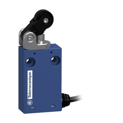 Telemecanique Sensors XCMH2121L5 endestopafbryder med NC- og NO-kontakt, blå kapsling, sort rullearm og kabel.