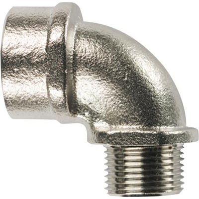 HellermannTyton A90FM-M32 90 graders bøjning i forniklet messing med udvendigt gevind, vist på hvid baggrund.