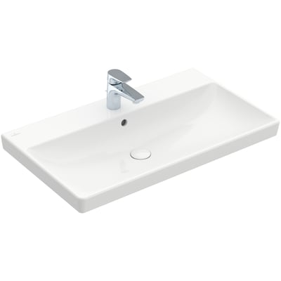 Hvid, firkantet Villeroy & Boch Avento 4158 håndvask på 80 cm med hanehul og overløb, set skråt ovenfra.
