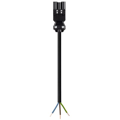 Detalje af Wieland GST18I3 han/fri stikket med 3-polet forbindelse og monteringsskruer, sort kabel og afisolerede ledere.