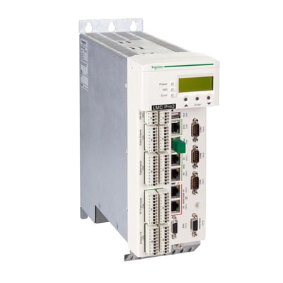 Schneider Electric Motion Controller LMC802 fra PacDrive 3-serien med grønt LCD-display, knapper og mange tilslutningsmuligheder for automation.