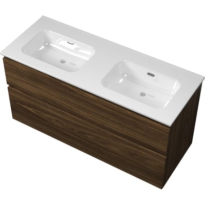 Sanibell Proline møbelsæt i cabana eg med dobbeltskab og to integrerede vaske samt to softclose skuffer.