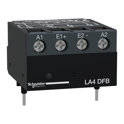 Schneider Electric LA4 DFB interface relæ set fra siden, med synlige skrueterminaler og mærke.