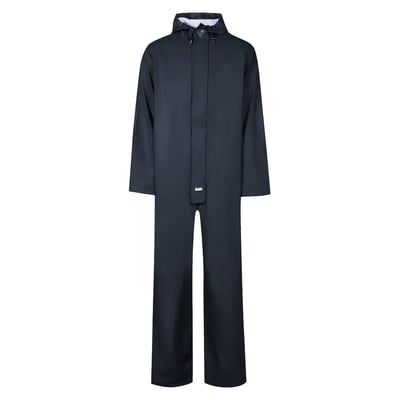 Marineblå regnheldragt LR-13 PU fra Lyngsøe Rainwear i størrelse M, set forfra med hætte og frontlynlås.