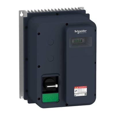 Schneider Electric frekvensomformer 1,1kW, 240V, IP65 med afbryder og tydeligt digitalt display, viser "Danger" advarselsetiket.