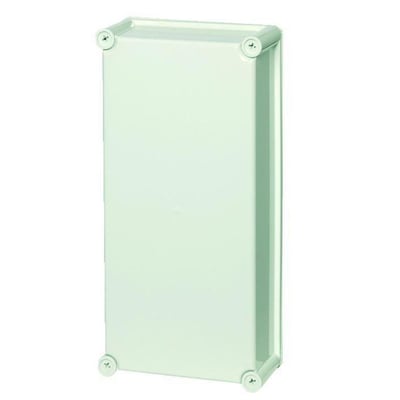 Lukket Fibox dæksel, 380x280x30 mm, i lysegrå ABS plast med fire synlige skruehuller i hjørnerne.