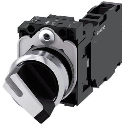 Siemens 22mm rund metal vælgerkontakt i højglans hvid med 1NO/1NC kontakt og skrueklemme, monteret.