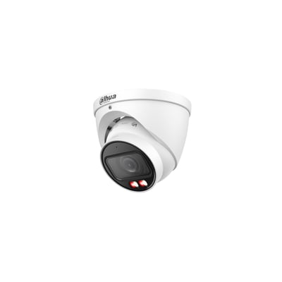 Hvidt Dahua 8 MP Smart Dual Light Eyeball AI-overvågningskamera med motoriseret zoomobjektiv, set skråt forfra.