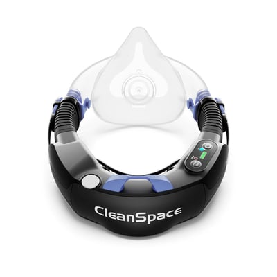 CleanSpace WORK turbomotor enhed med P3 filter og hovedsele, viser betjeningsknapper og indikatorlys.