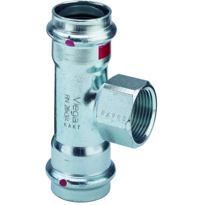 Viega Prestabo T-stykke i forzinket stål, set fra siden, der viser 15mm pres-ender og 1/2" gevindmuffe med datostempling.