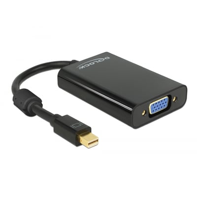 DeLock adapter fra mini DisplayPort 1.1 han til VGA hun i sort, med 20 cm kabel og tydelig mini DisplayPort-stik.