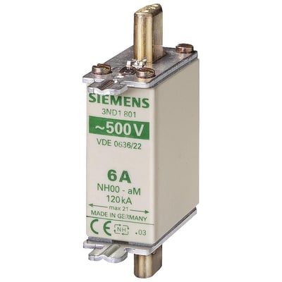 Siemens SENTRON 3ND1 801 LV HRC sikringselement, NH000, 6A, 500V, aM med spændingsførende grebsko på hvid baggrund.