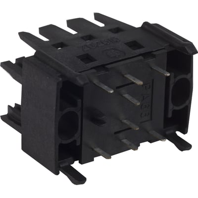 Schneider Electric kontaktblok med 1,6 mm printpladefittings, vist fra siden med metalstik og sort plastkabinet.