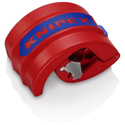 Detaljebillede af Knipex BiX® rørskæreværktøj, der viser den drejelige knivblok og dens skæreflader.