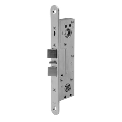 Assa Abloy dobbelt fallelås model 1362 i zinkbehandlet stål, vist forfra med låsetunger og monteringsplade.