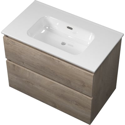 Sanibell Proline møbelsæt med integreret vask i rå eg finish, 81x46cm, med to skuffer og softclose funktion.