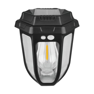 Solara Rustica solcelle-havelampe fra SpectrumLED set forfra med sort lampehus, solcellepanel og synlig pære.
