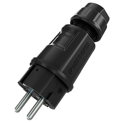 Sort Mennekes SCHUKO-stikprop med to runde ben, jordforbindelse og kabelgland til 16 A og 230 V.