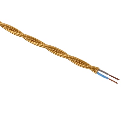 Guld stofledning, snoet, 2x0,75 mm² med synlige kobberledere og PVC-isolering, hvid baggrund.