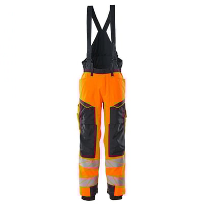 Detaljeret frontbillede af Mascot Hi-Vis vinterbukser i orange/mørk marine, der viser lommer, reflekser og ergonomisk design.