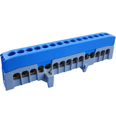 Blå nullederklemme N15-F2 i plast med 16 tilslutningspunkter og nummerering 1-16 for 15x16mm2 kabler på DIN-skinne.