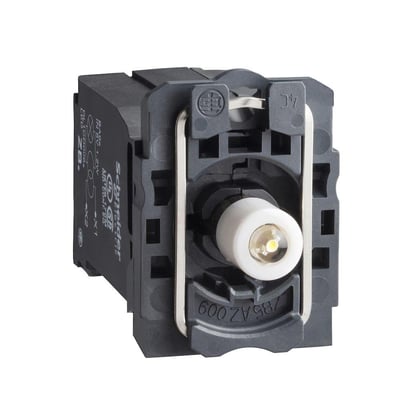 Schneider Electric ZB5 LED trafo lampekrop i hvid plast, med synlig LED-lys og mærkninger. Viser bagsiden og monteringsmekanismen.