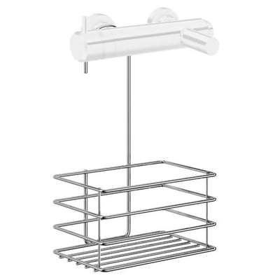 Beslagsboden brusekurv på 180 mm i krom stål, hængt på et brusebatteri for praktisk opbevaring.