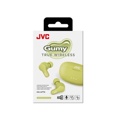 JVC Gumy True Wireless Earphones HA-A7T2 in grøn farve, præsenteret på deres emballage med tydelige produktikoner og specifikationer.