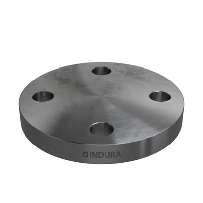 Grå metal blindflange DN32-42,4mm PN10-40 med fire bolthuller og et afdrejet kant design. Logoet INDURA ses tydeligt på siden.