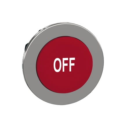 Schneider Electric Harmony XB4 flush trykknap i rød med hvidt "OFF" mærke på en ophøjet trykflade, med sølvfarvet metalramme.