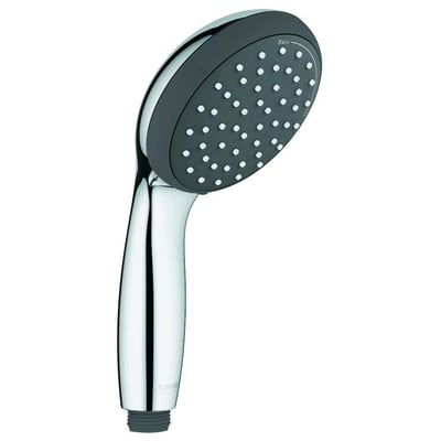 Grohe Vitalio Start håndbruser i krom og mørkegrå, 100mm diameter med Rain strålemønster, isoleret mod hvid baggrund.