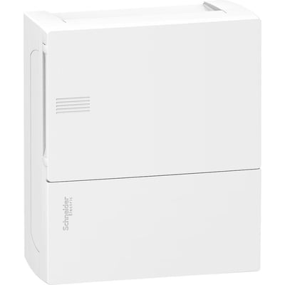 Schneider Electric MiniPragma gruppetavle i hvid set forfra, med tydeligt logo på den nederste del af tavlen.
