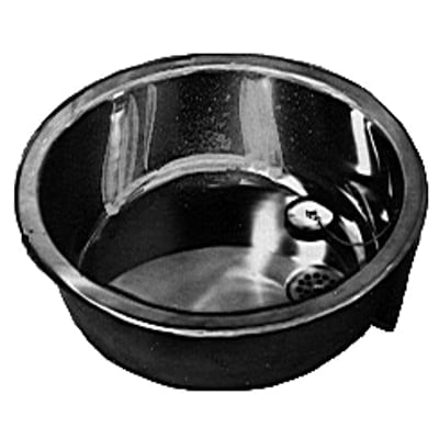 Juvel Barents KC380 rund køkkenvask i mat rustfrit stål, vist i skrå vinkel fra oven med synlig kumme og kant.