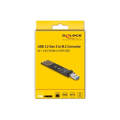 DeLock USB 3.2 Gen 2 konverter til M.2 NVMe eller SATA SSD, vist på gul emballage med produktbilleder og specifikationer.