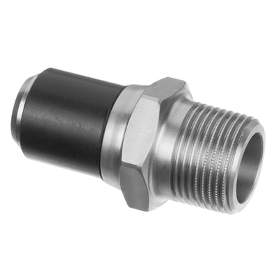 Georg Fischer ELGEF Plus overgangsnippel 40mm x 1.1/4" i PE100 og messing med udvendigt gevind på hvid baggrund.