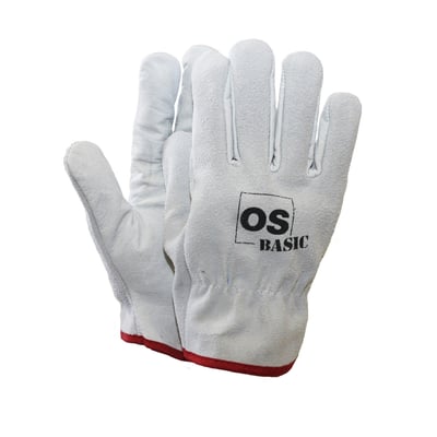 Et par lysegrå BASIC Industry arbejdshandsker i størrelse 10 af bøffellæder med rød kant og sort OS BASIC logo.