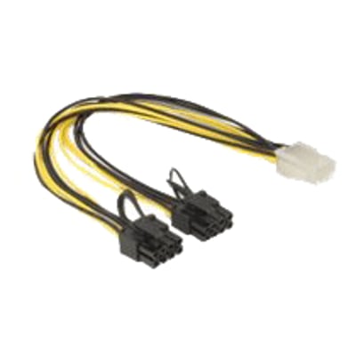 Delock PCI Express-strømkabel på 30 cm med sort kabel, et 6-polet hunstik og to 8-polede hanstik.