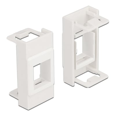Hvid DeLock Easy 45 modulholder til Keystone med firkantet åbning, vist fra to vinkler.