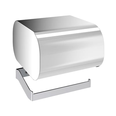 HeFe OUTLINE toiletpapirholder med låg i blank krom, vist fra siden med en synlig holder til papirrullen.