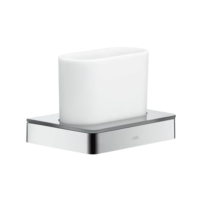 Hansgrohe AX Universal tandglas med en oval, mælkehvid indsats og en blank kromfarvet base. Indsatsen er sat på en rektangulær base med let afrundede hjørner.