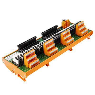 Weidmüller 64-polet interfacemodul med relæ, model RSS LL3R 5.08 mm, orange skrueklemmer og sorte stik.