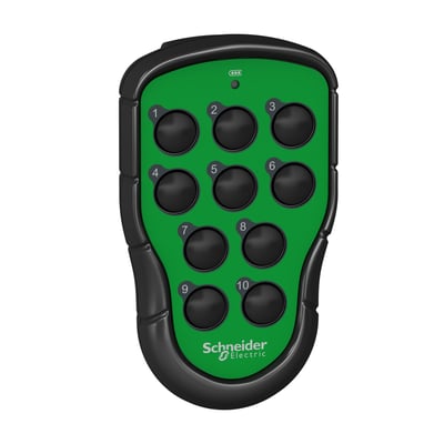 Schneider Electric ZART10 trådløs sender med 10 sorte knapper på grøn baggrund, komplet med batteriindikator og Schneider Electric logo.