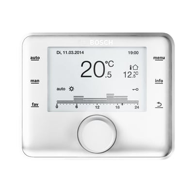 Frontvisning af Bosch CW400 klimastyring, tydeligt display med dato, klokkeslæt, temperatur og grafer for varmestyring.