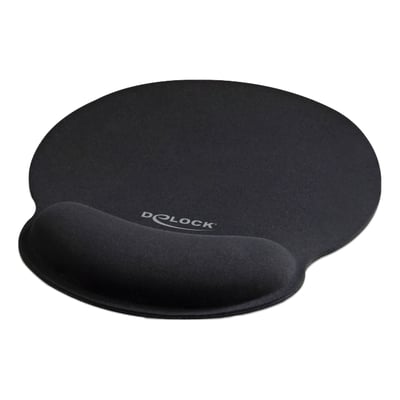 Sort DeLock-musemåtte med ergonomisk håndledsstøtte, set skråt forfra; måler 252 x 227 mm.