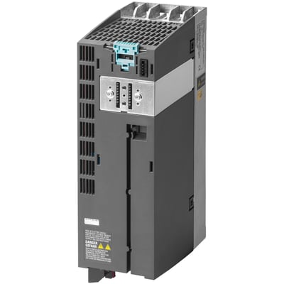 Siemens Sinamics power modul PM240-2 med filter og bremsemodstand, vist fra siden med fokus på tilslutningsdetaljer og køleprofil.