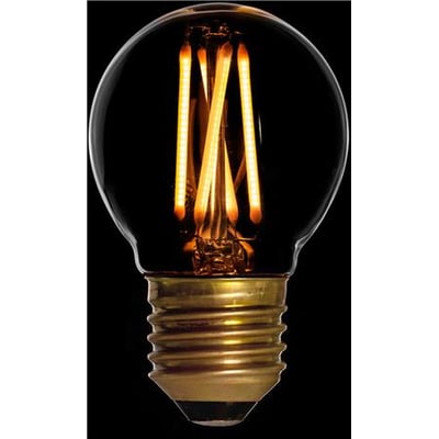 DANLAMP LED-kronepære med klar, rund glaskuppel, synlige varmtlysende LED-filamenter og E27-fatning.