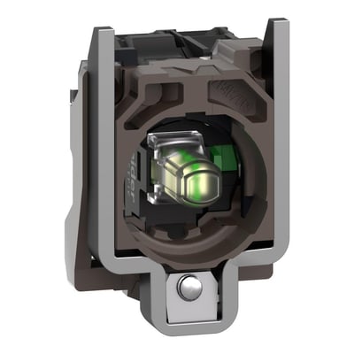 Nærbillede af Schneider Electric Harmony XB4 lampetrykskrop med integreret grøn LED og metalklemme, klar til montering på en trykknap.