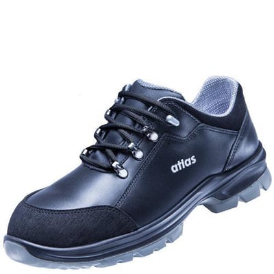 Atlas TX 460 2.0 ESD sikkerhedssko i størrelse 47 med snørebånd, sort læder og grå sål på hvid baggrund.