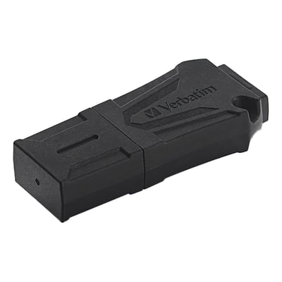 Sort Verbatim ToughMAX USB 2.0-hukommelse på 16 GB set skråt forfra med beskyttende hus.